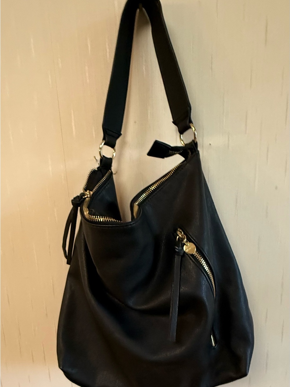 Express Black Leather Shoulder Hobo Bag with Gold Hardware